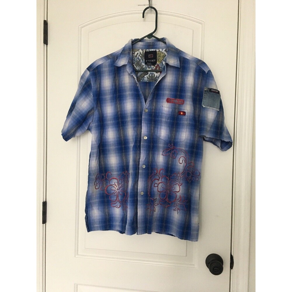 Bugle Boy Men's Blue White Plaid Snap Button Short Sleeve Shirt Size M